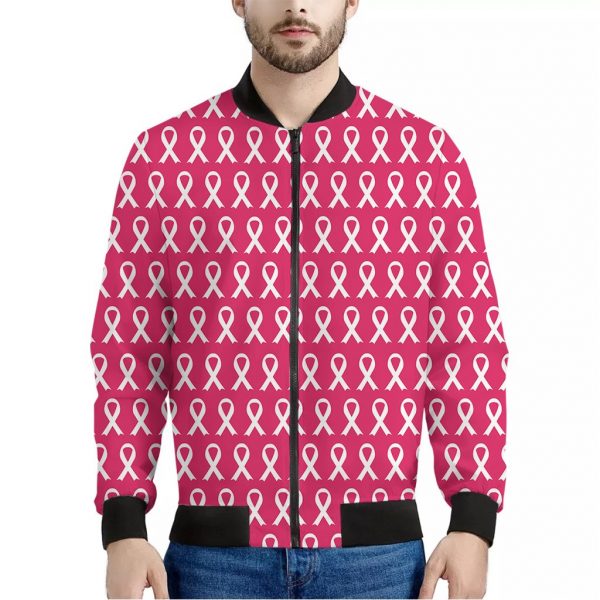 White And Pink Breast Cancer Print Bomber Jacket