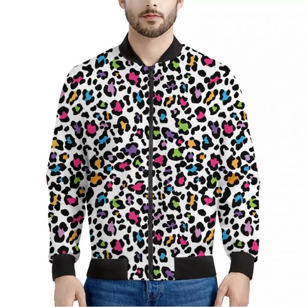 White And Rainbow Leopard Print Bomber Jacket