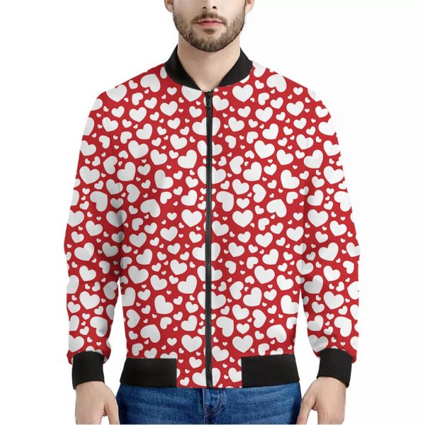 White And Red Heart Pattern Print Bomber Jacket