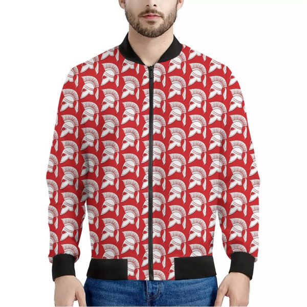 White And Red Spartan Pattern Print Bomber Jacket
