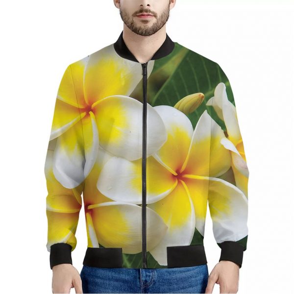 White And Yellow Plumeria Flower Print Bomber Jacket