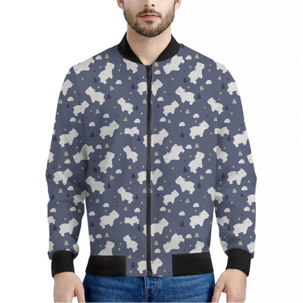 White Baby Polar Bear Pattern Print Bomber Jacket