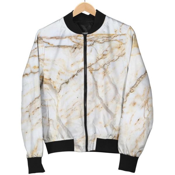 White Brown Grunge Marble Print Bomber Jacket
