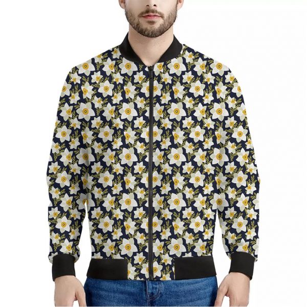 White Daffodil Flower Pattern Print Bomber Jacket