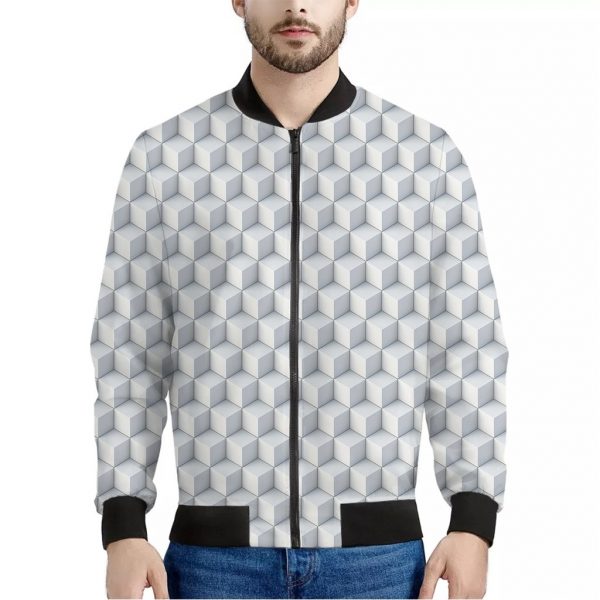 White Geometric Cube Shape Pattern Print Bomber Jacket