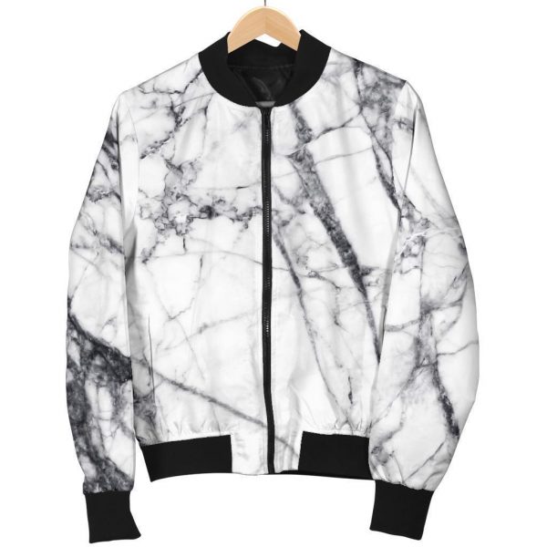 White Gray Scratch Marble Print Bomber Jacket