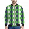 White Navy And Green Argyle Print Bomber Jacket