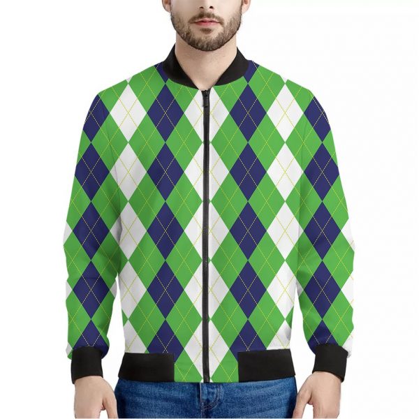 White Navy And Green Argyle Print Bomber Jacket