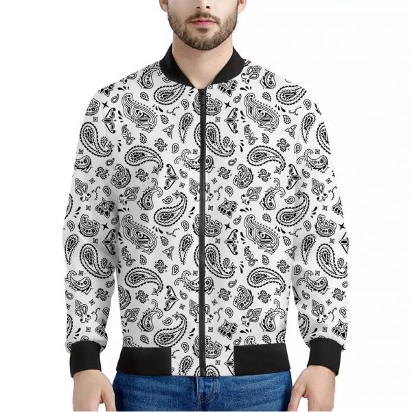 White Paisley Bandana Pattern Print Bomber Jacket