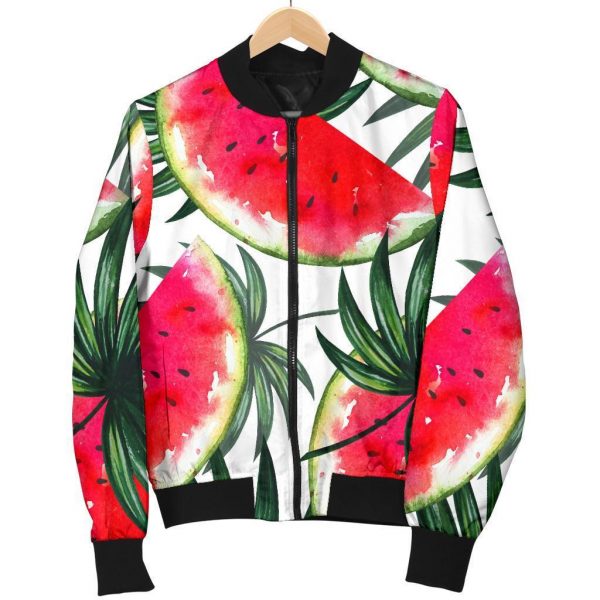 White Palm Leaf Watermelon Pattern Print Bomber Jacket