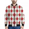 White Red And Beige Argyle Pattern Print Bomber Jacket