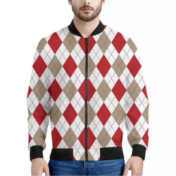 White Red And Beige Argyle Pattern Print Bomber Jacket