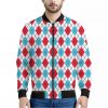 White Red And Blue Argyle Pattern Print Bomber Jacket