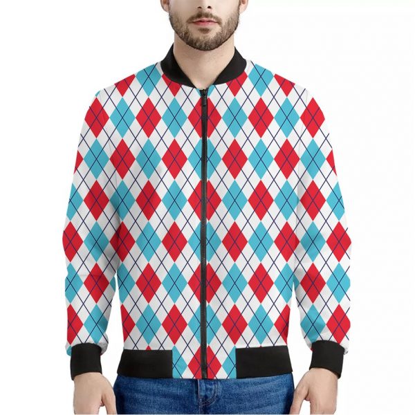 White Red And Blue Argyle Pattern Print Bomber Jacket