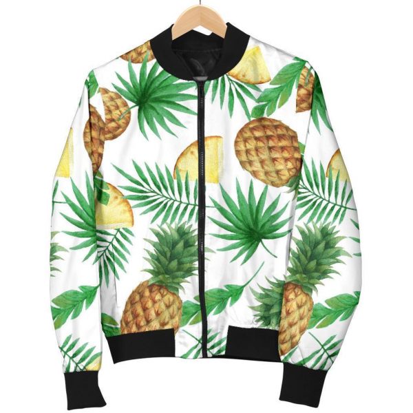 White Watercolor Pineapple Pattern Print Bomber Jacket