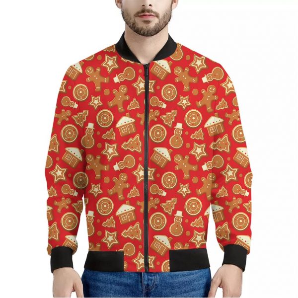 Xmas Gingerbread Pattern Print Bomber Jacket