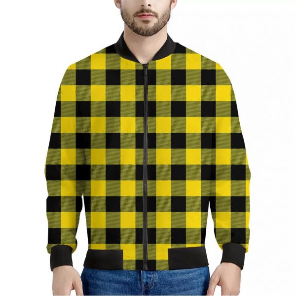 Yellow And Black Buffalo Check Print Bomber Jacket