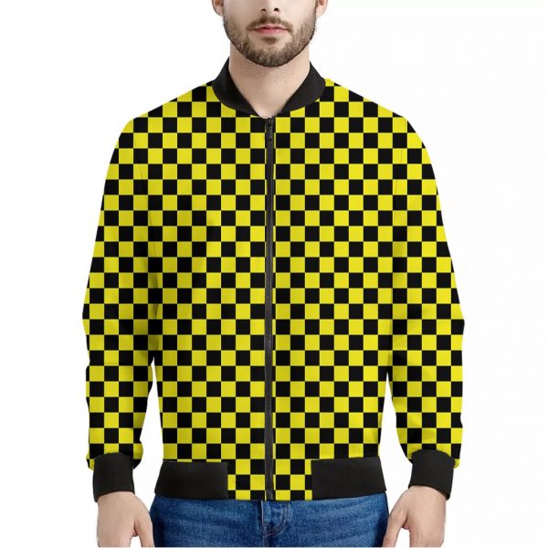 Yellow And Black Checkered Pattern Print Bomber Jacket