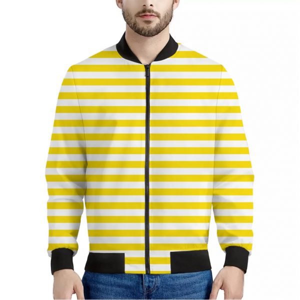 Yellow And White Striped Pattern Print Bomber Jacket