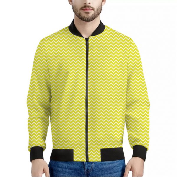 Yellow And White Zigzag Pattern Print Bomber Jacket