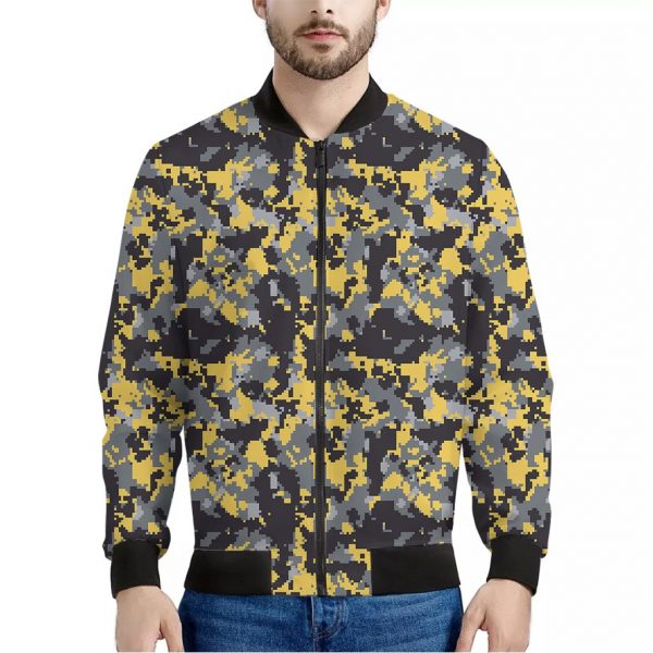 Yellow Black And Grey Digital Camo Print Bomber Jacket