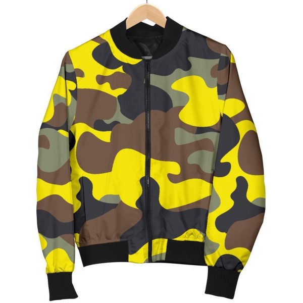 Yellow Brown And Black Camouflage Print Bomber Jacket