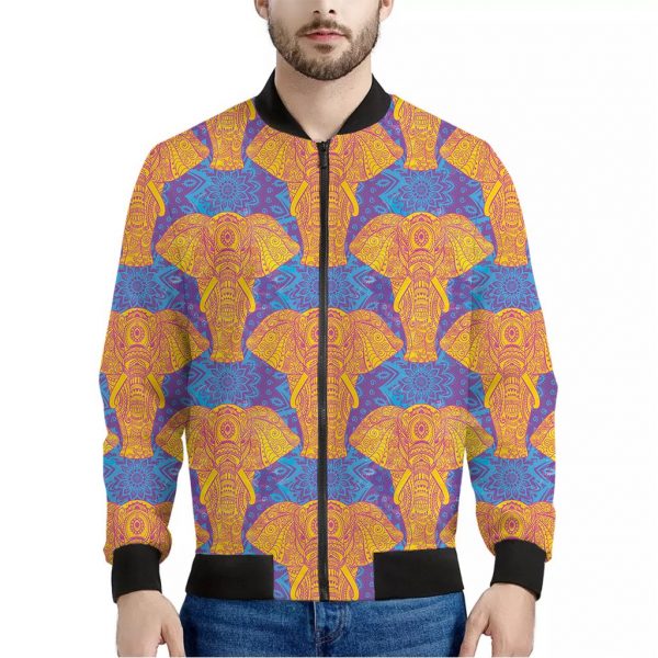 Yellow Mandala Elephant Pattern Print Bomber Jacket