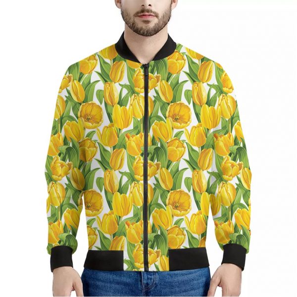 Yellow Spring Tulip Pattern Print Bomber Jacket