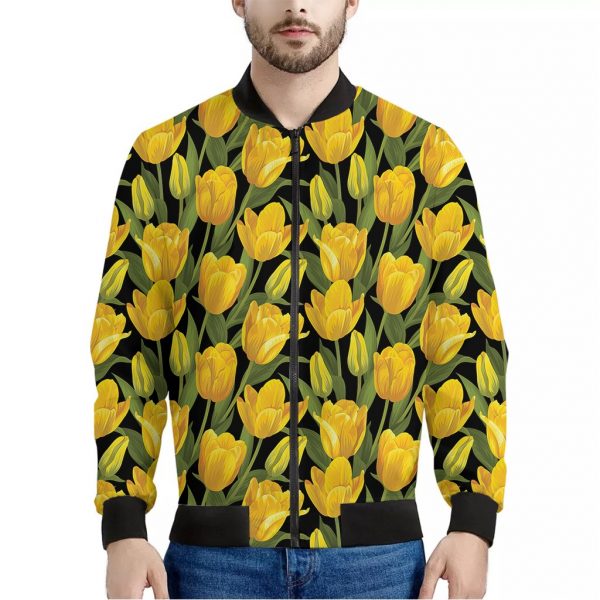 Yellow Tulip Pattern Print Bomber Jacket