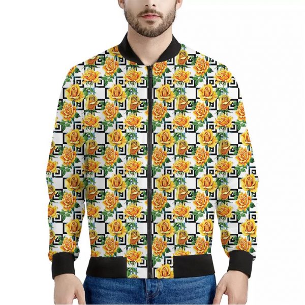 Yellow Watercolor Rose Print Bomber Jacket