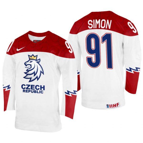 Men Czechia Hockey Dominik Simon 2022 IIHF World Championship White #91 Jersey Home