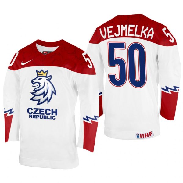 Men Czechia Hockey Karel Vejmelka 2022 IIHF World Championship White #50 Jersey Home