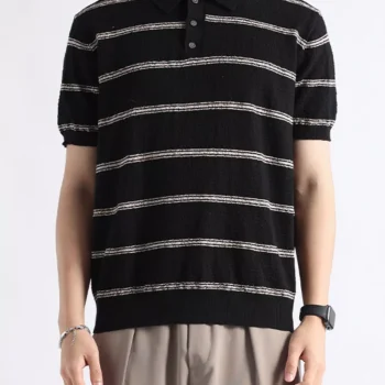 Men's Plus Size Striped Knit Button Detail Polo