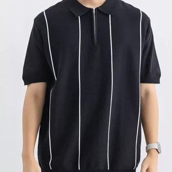 Men's Plus Size Striped Zip-Up Knit Polo